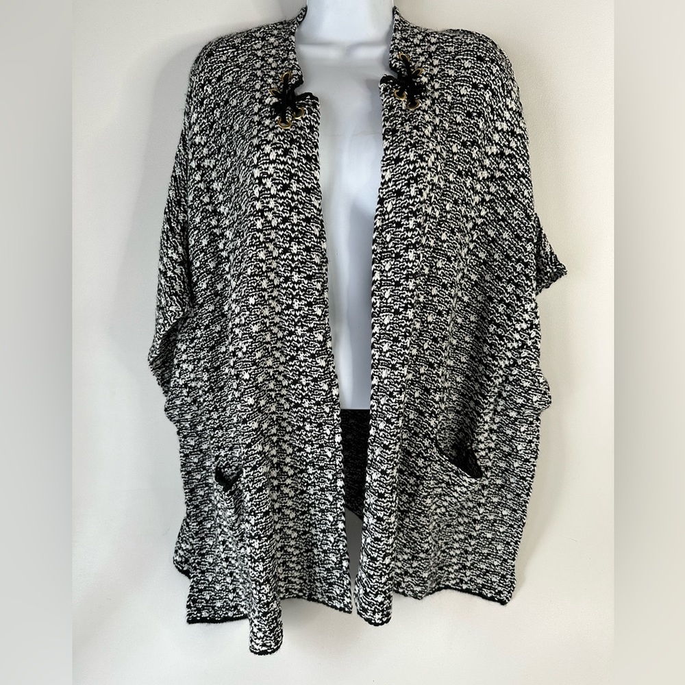 Chico's Black White Knit Shawl Wrap Cover Tacked Sleeves Women's ONE SIZE